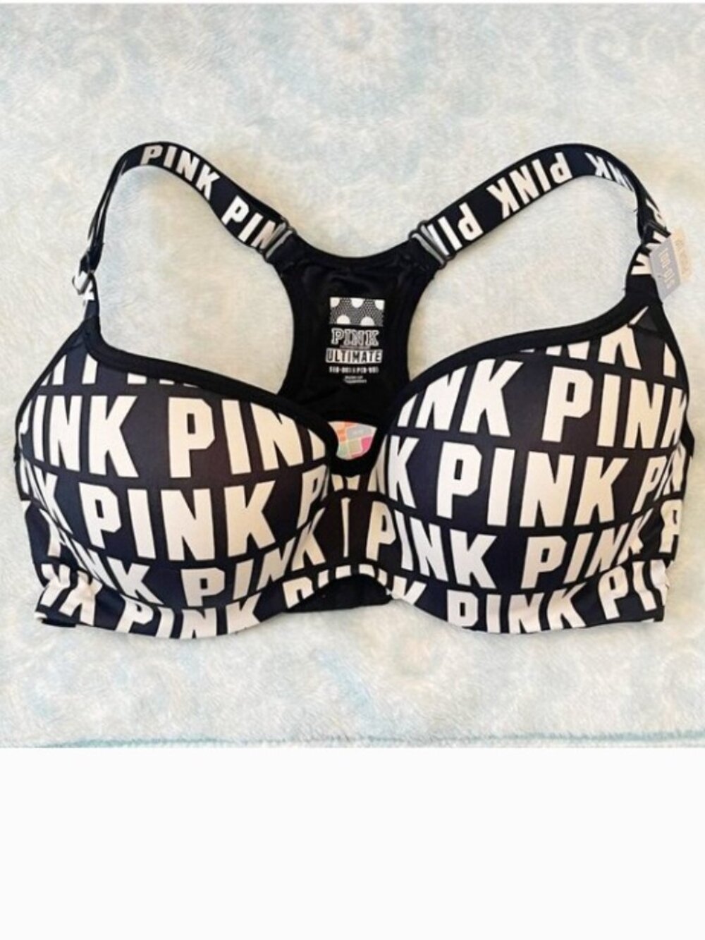Victoria's Secret Pink Ultimate Push Up Bra Small DD Black White Logo Racerback
